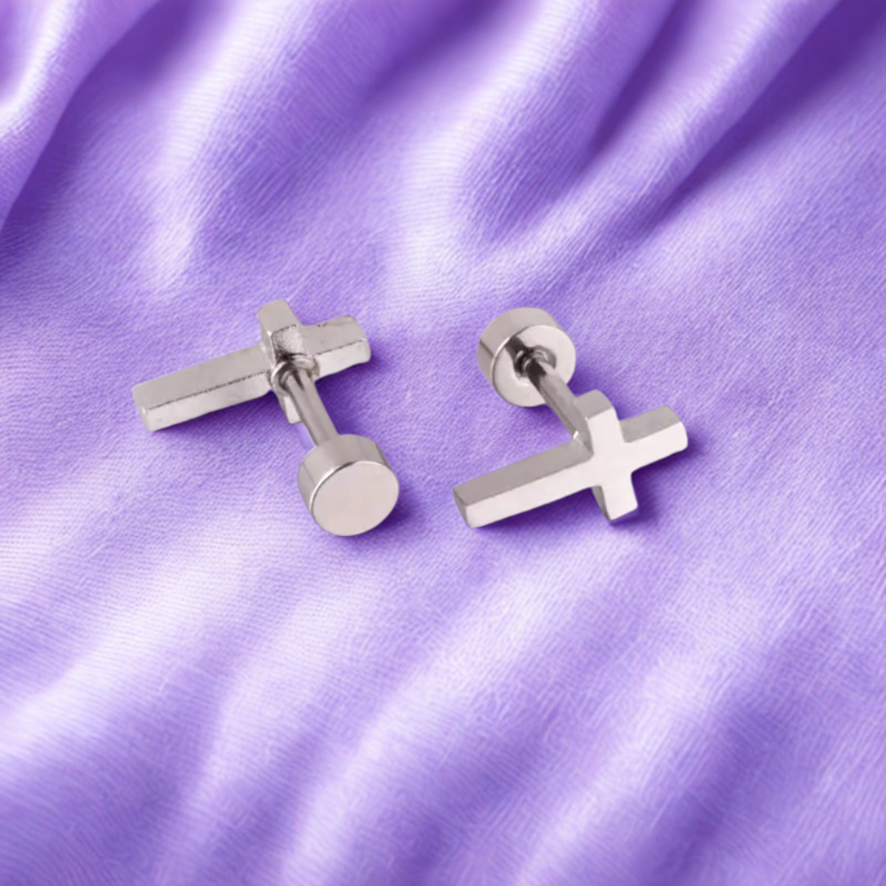 Boucles d'oreilles clous croix argent