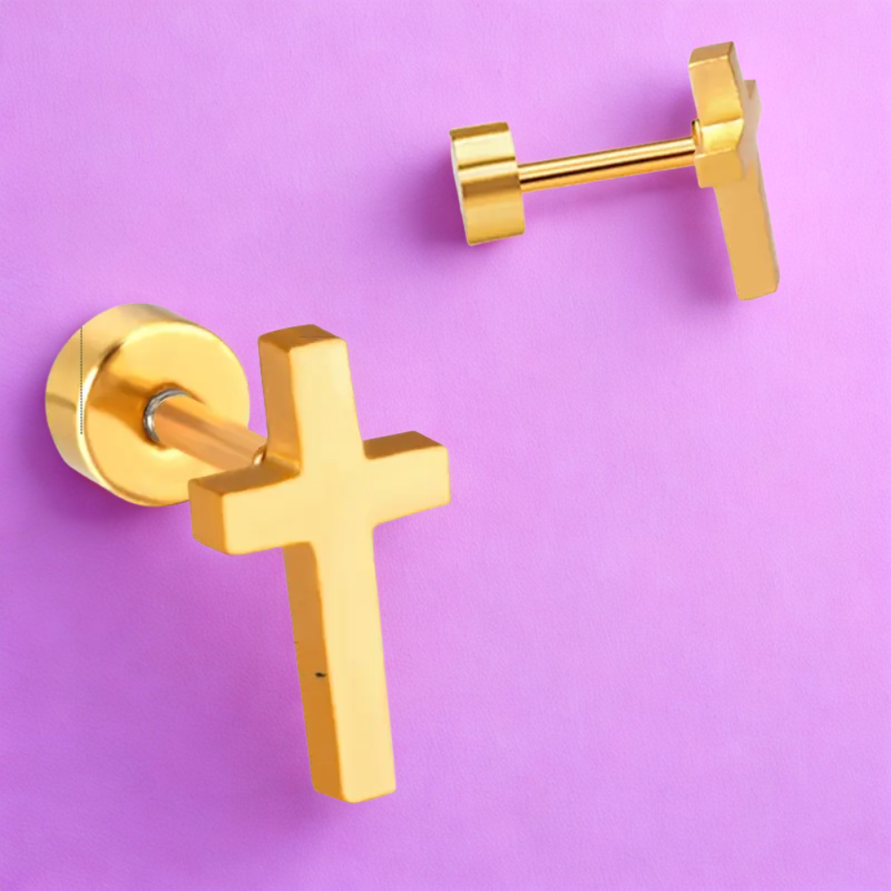 Boucles d'oreilles clous croix plaqué Or 18K en acier inoxydable