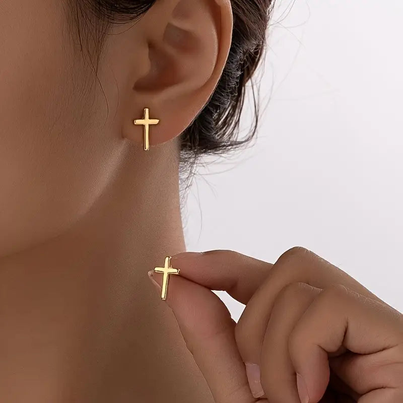 Boucles d'oreilles clous croix plaqué Or 18K en acier inoxydable